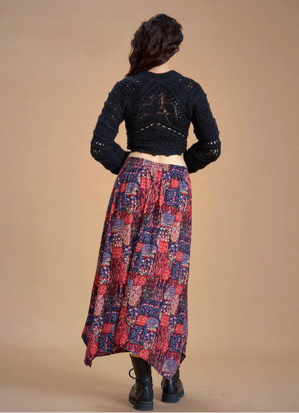 Red Printed Asymmetrical Hem Flared Midi Skirt